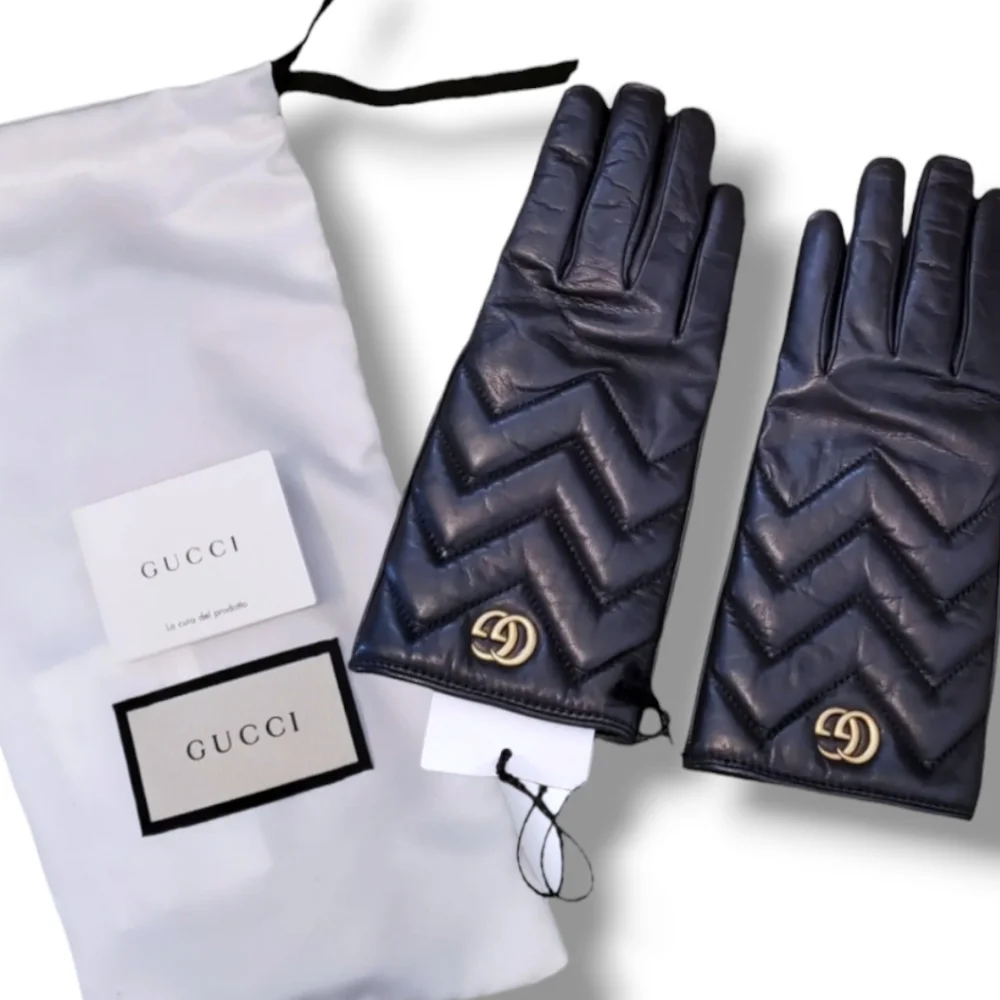 NWT Gucci G Metal Logo Black Marmont Leather Cashmere Lined Gloves 7.5 USA & Box